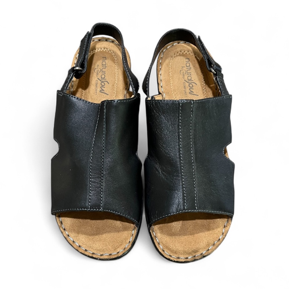 Leather Natural Soul Seleste Black Slingback Wedge Sandals Size 7.5M - Picture 2 of 7